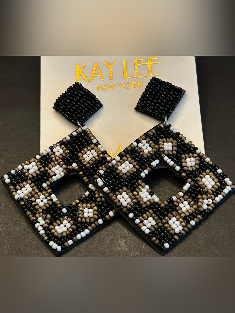 Kay Lee Black, White & Gold Hand Beaded Boho Diamond Design Drop Earrings